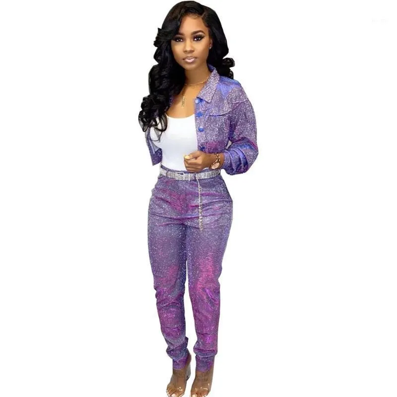 Pailletten Glitter 2 Stück Set frauen Anzug einreiher Jacke Top und Lange Hosen Sexy Club Outfits Passenden Sets ensemble Femme1