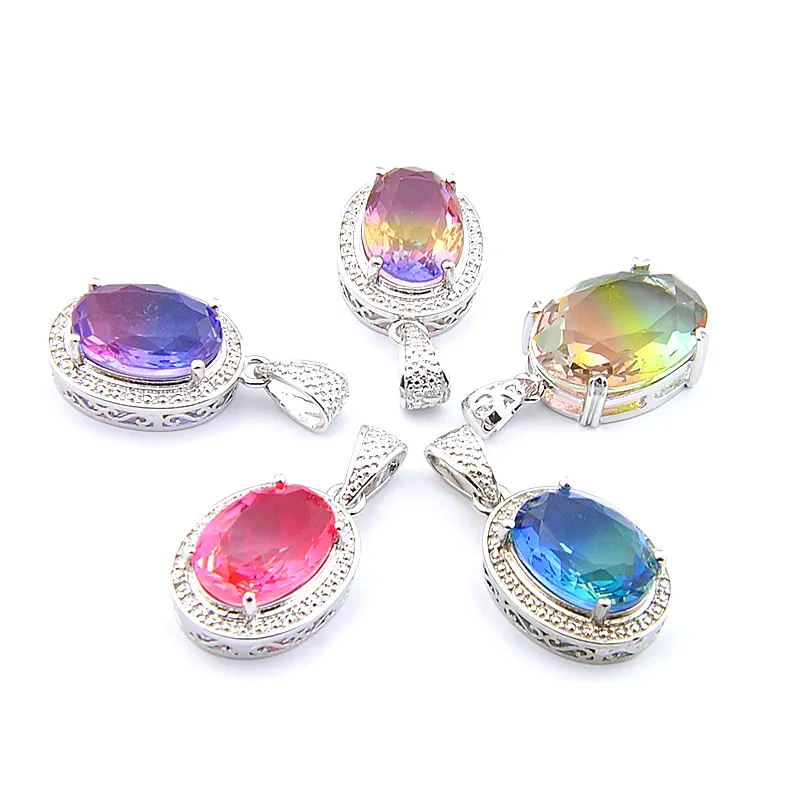 Mix 5PCS Rainbow New Luckyshine 925 sterling Silver Classic Oval Bi-Colored Tourmaline Gemstone Necklaces Pendants For Lady Party Gift