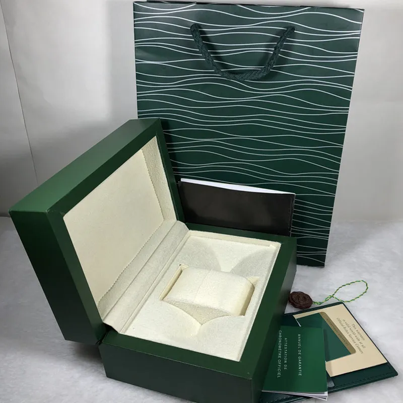 Nouvelle mode luxe vert Original boîte de montre concepteur boîte-cadeau étiquettes et papiers en anglais livret bois montres boîtes 0.8kg