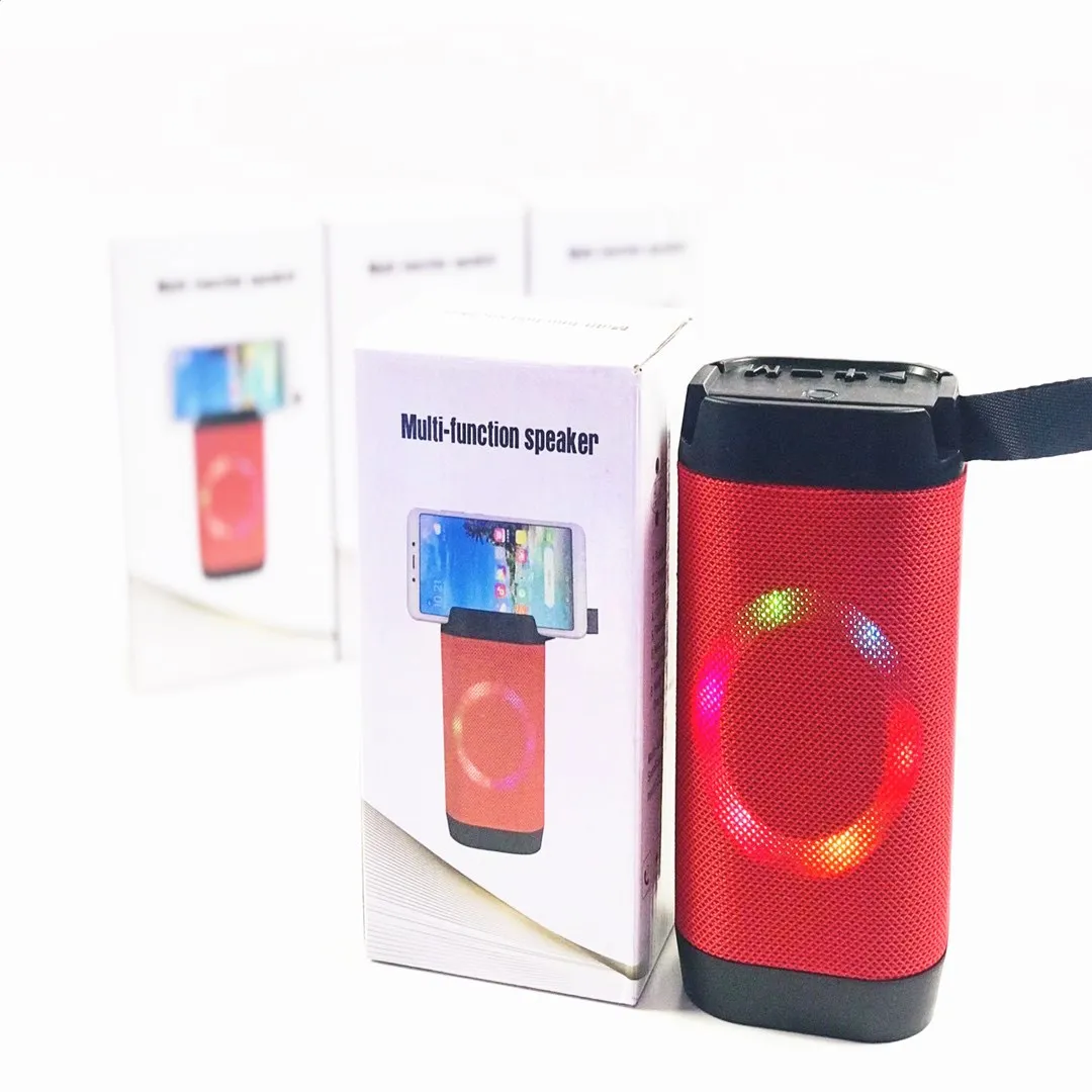 Bluetooth Mini Speaker with Phone Holder Handle Portable Wireless Sound Box FM Radio Colorful LED Lights Stereo Loudspeaker Mount