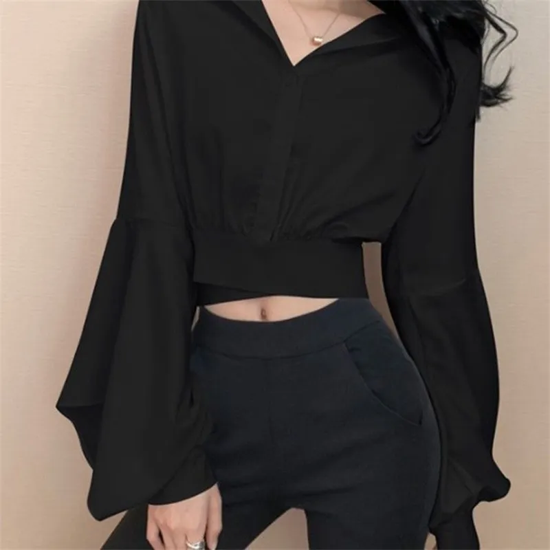 Herbst Neue Shirts Frauen V-ausschnitt Taste Langarm Sexy Casual Crop Tops Weibliche Outdoor Koreanische Stil Mode Chiffon Hemd 201202