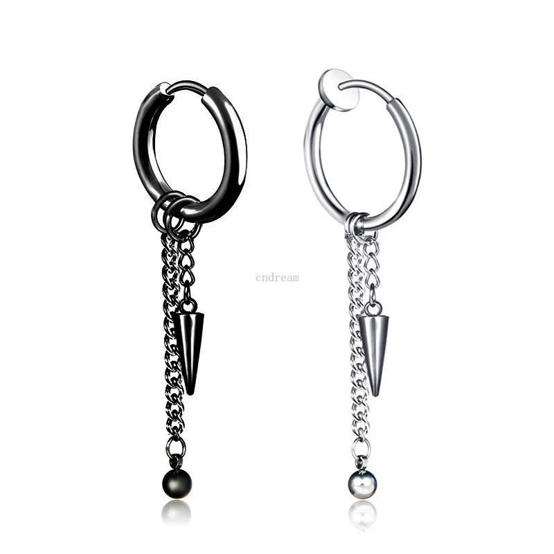 Stainless steel clip on earrings dangle black cone chain tassel hoop ear rings cuff for women men fashion jewelry will and sandy