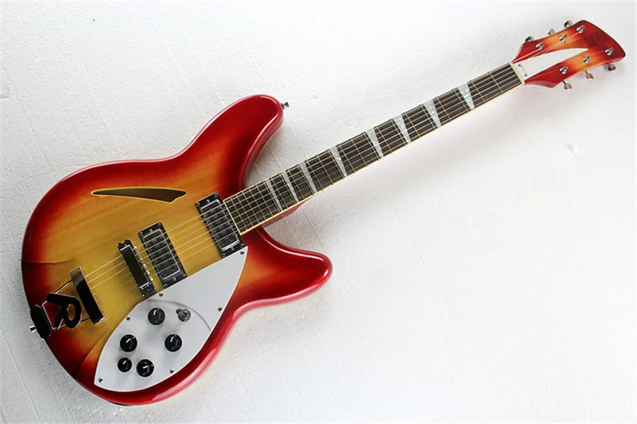 Guitare électrique à 6 cordes, corps Semi-creux Sunburst, avec pont R, touche en palissandre, Pickguard blanc, personnalisable