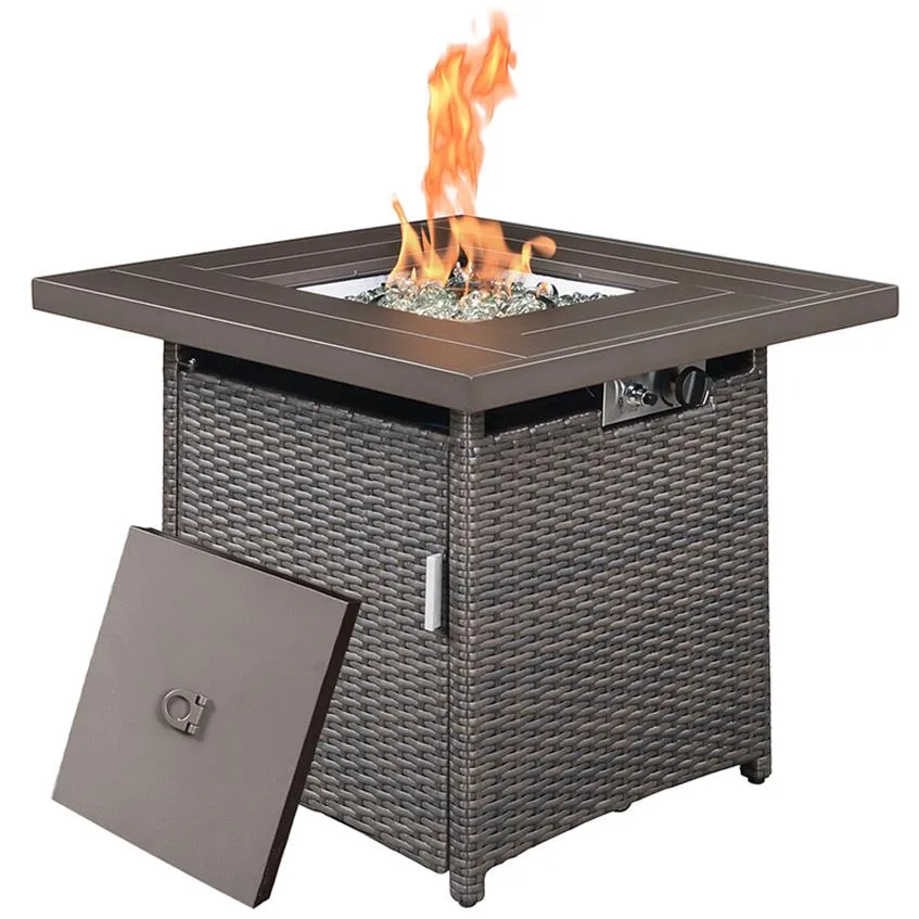 US stock Gas Fire Pit Table, 28 inch 50,000 BTU Square Outdoor Propane with Wicker Panel, Lid, Hideaway Tank Holder a09