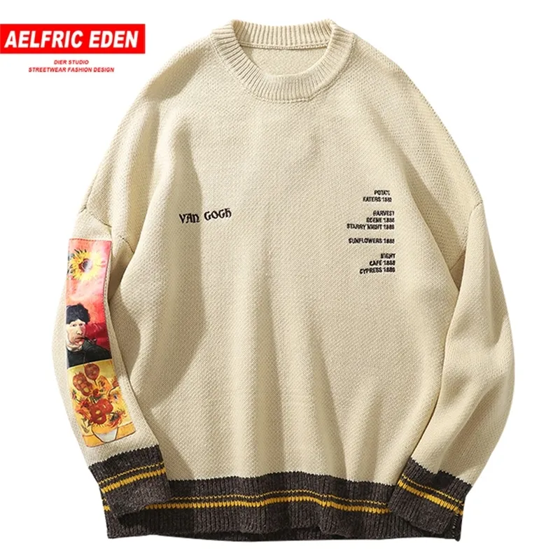 Aelfric Eden Hip Hop Sweater Pullover Men Van Gogh Painting Embroidery Knitted Sweater Harajuku Streetwear Tops Casual Pullover 201106