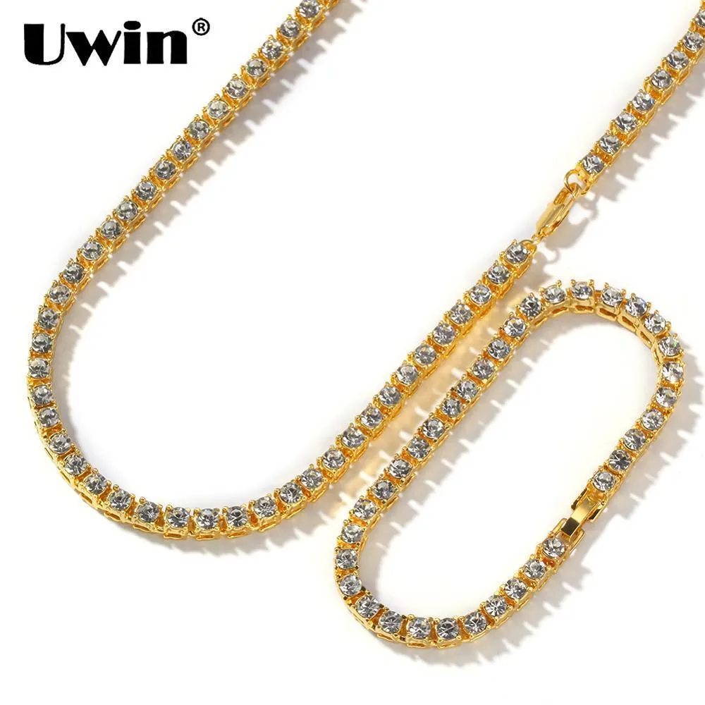 UWIN 1 Row Tennis Chains & Bracelet Fashion Hiphop Jewelry Set Gold /White Gold 5mm Necklace Full Rhinestones For Men Women Y200602