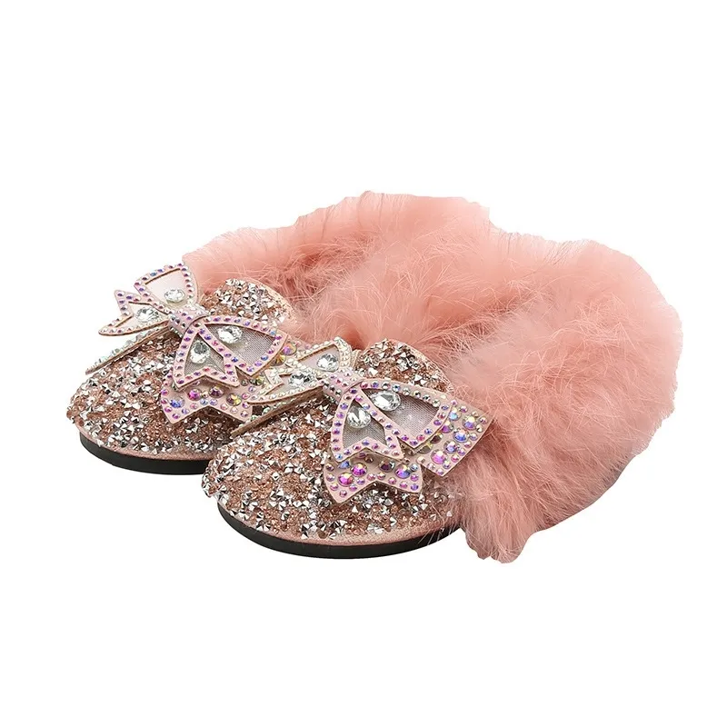 Botte d'hiver fille chaussures Style coréen petite fille nœud papillon chaussures de fourrure bébé chaud épais velours Bling chaussures fille D09221 201201