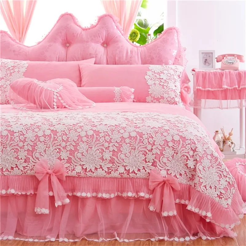 Cotton Stain Luxury Lace Korean Bedding Set 4/7Pcs King Queen Twin Size Girl Princess Bed skirt set Duvet Cover Pillow shams T200706