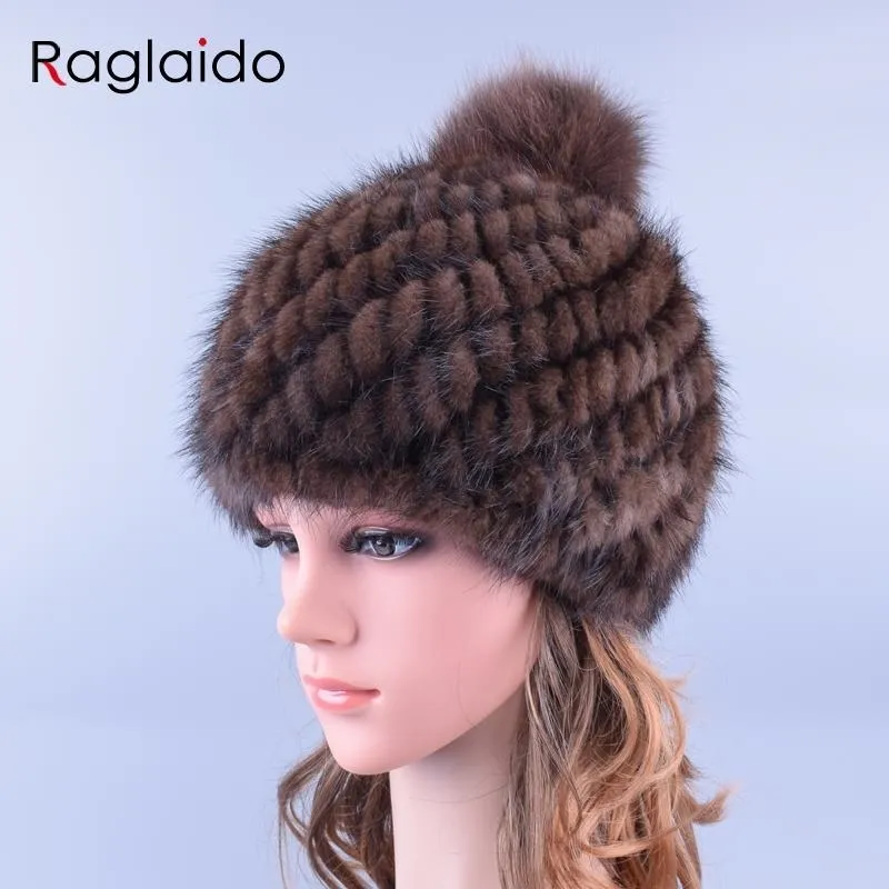 Raglaido Pompom Real Mink Fur Hats för kvinnor med rävpäls Pompoms stickade vintermöss Cap Thicken Brand Cap LQ11192 Y200102