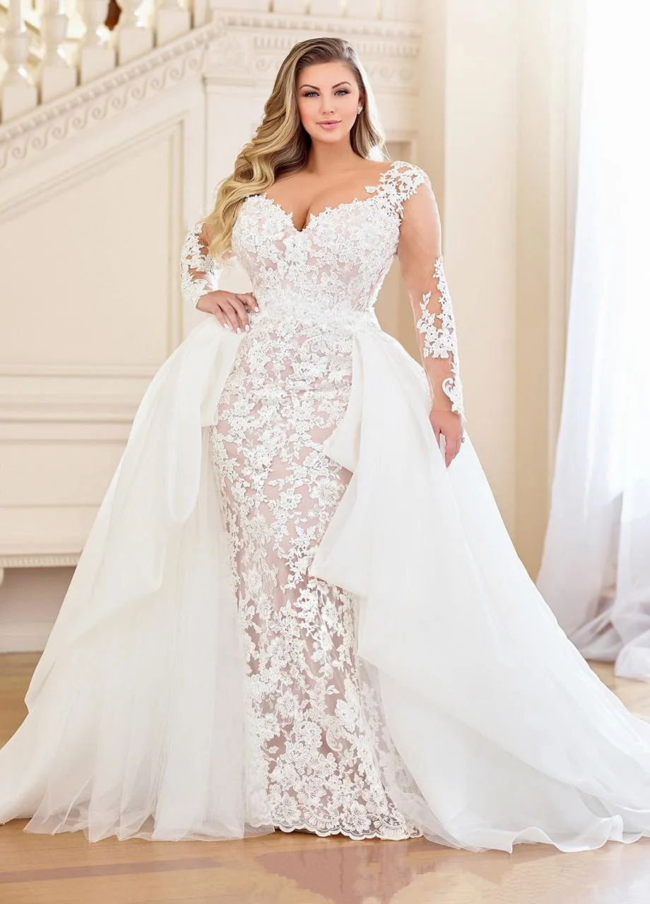 Affascinante sirena plus size abiti da sposa in pizzo con treno staccabile scollo a cuore maniche lunghe abiti da sposa sweep treno veste d281M