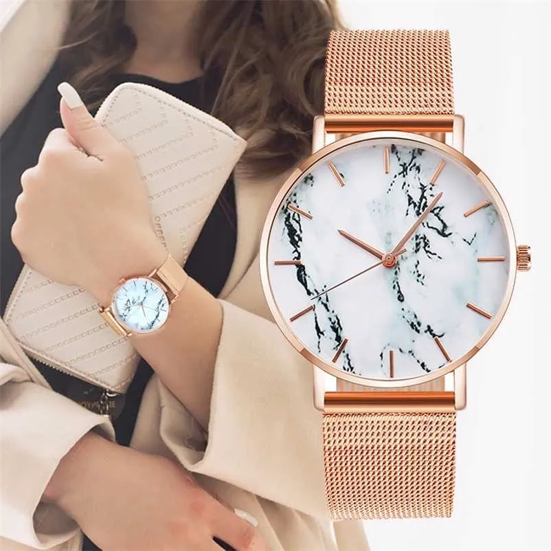 Moda Rose Gold Mesh Band Kreatywny Marmur Kobiet Wrist Watch Luksusowe Kobiety Zegarki Kwarcowe Prezenty Relogio Feminino Drop 220113