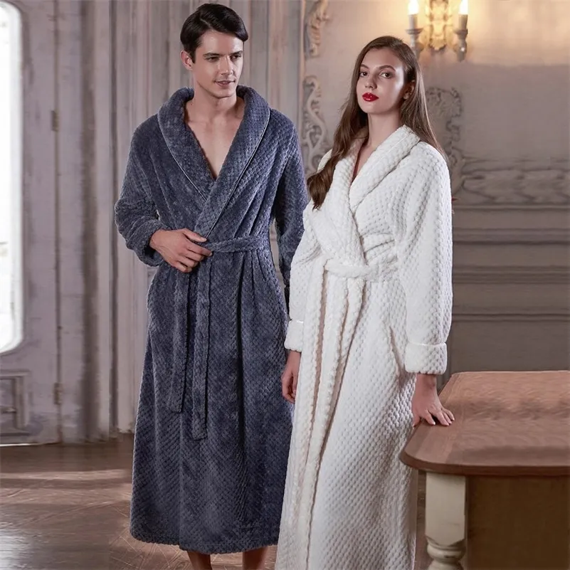 Men Extra Long Warm Jacquard Flannel Bath Robe Winter Plus Size Zipper Bathrobe Mens Coral Fleece Robes for Women Dressing Gown 201023