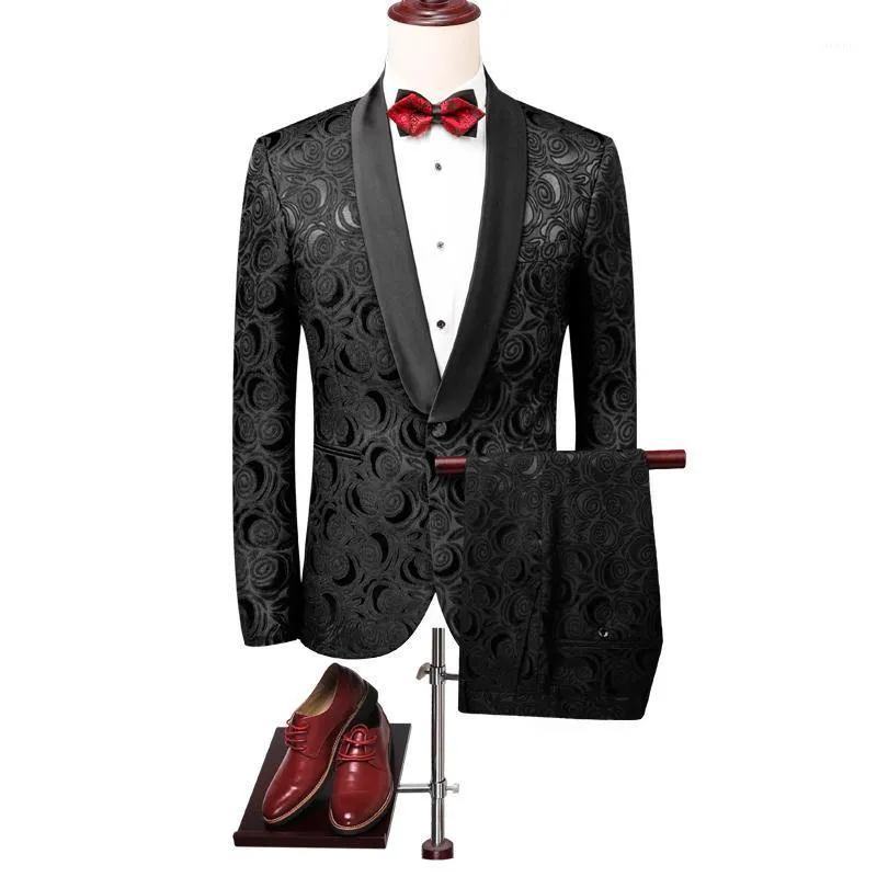 2020 Schwarze Hochzeitsanzug für Männer Eleganter Bräutigam Smoking Plus Size Ehe Herrenanzüge Blumendruck Mode Jacke mit Hosen Sets1