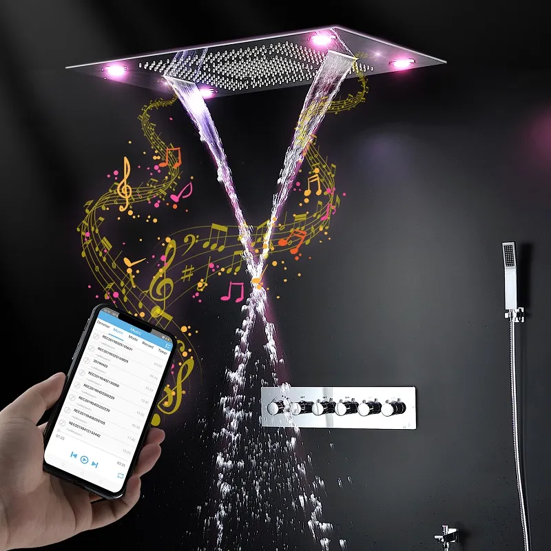 Lüks 5 Fonksiyonlu Müzik Duş Seti Yağış Şelale Mist Perde Tepegöz LED Musluklar Kafa Yüksek Akış Termostatik Mikser
