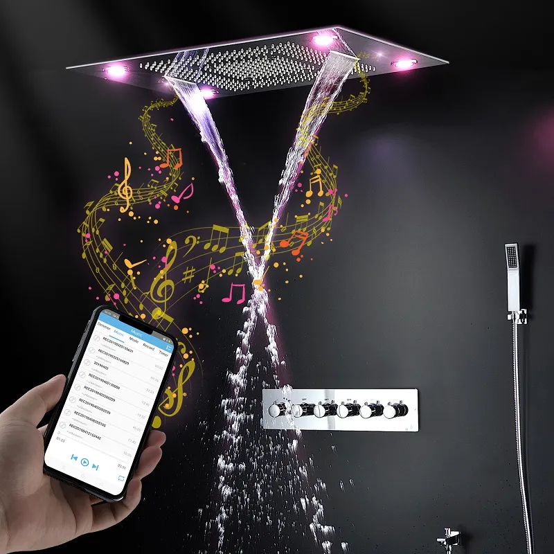 Luxe 5 fonctions musique douche ensemble pluie cascade brouillard rideau tête robinets led tête mélangeur thermostatique à haut débit