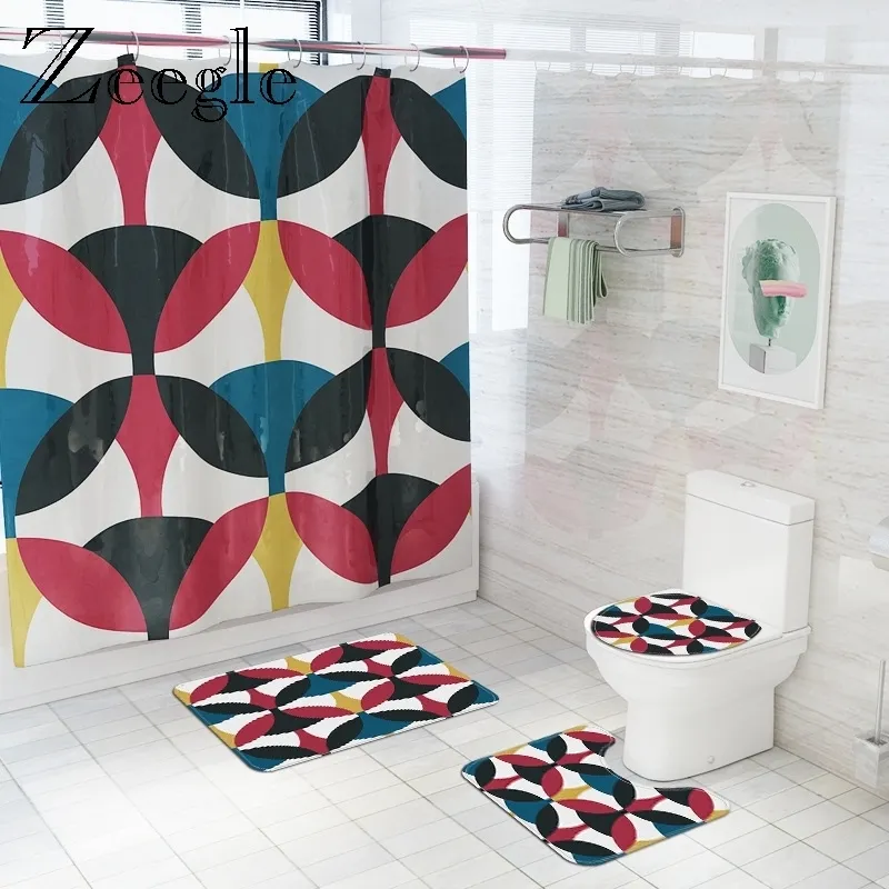 Geometric Bath Mat and Shower Curtain Set Printed Waterproof Home Shower Curtain Polyester Bathroom Carpets Foot Mat Set