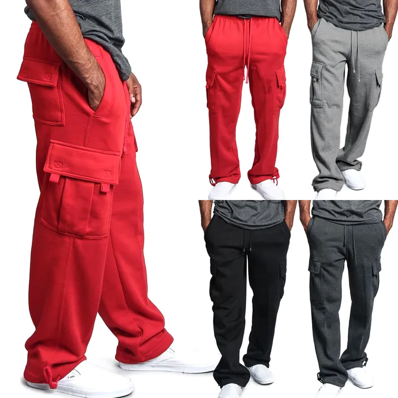 Newly Men Cargo Pockets Calças de moletom Casuais Calças Soltas Cor Sólida Suave para Esportes DO99 1114