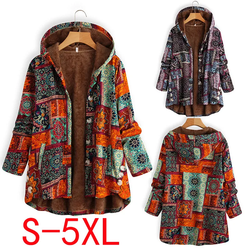 Frauen Winter Weibliche Jacke downs Plüsch Mantel Windjacke Warme Outwear Blumen Drucken Mit Kapuze Taschen Vintage Übergroßen Mäntel Plus