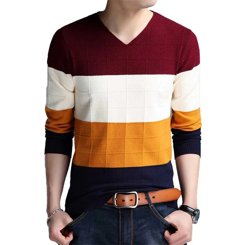 Browon 브랜드 스웨터 가을 남성 긴 소매 슬림 스웨터 V 넥 피트 스웨터 스트라이프 바닥 대형 M-4XL 220105