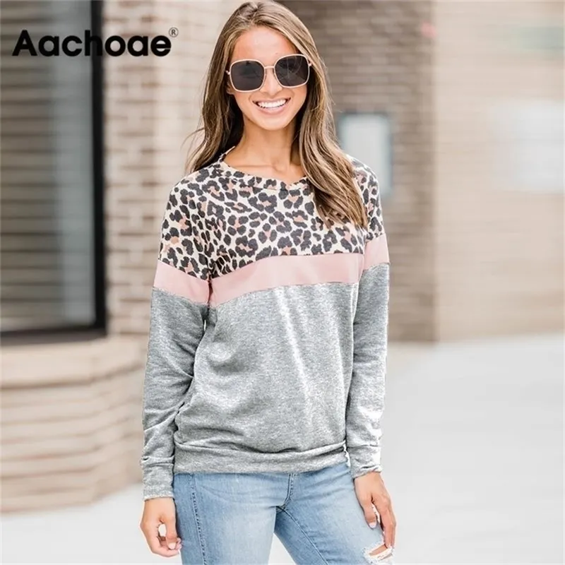 Aachoae Autumn Sweatshirt Women Fashion Leopard Print Patchwork Hoodie Casual Stripe Long Sleeve Pullover Ladies O Neck Top 201216