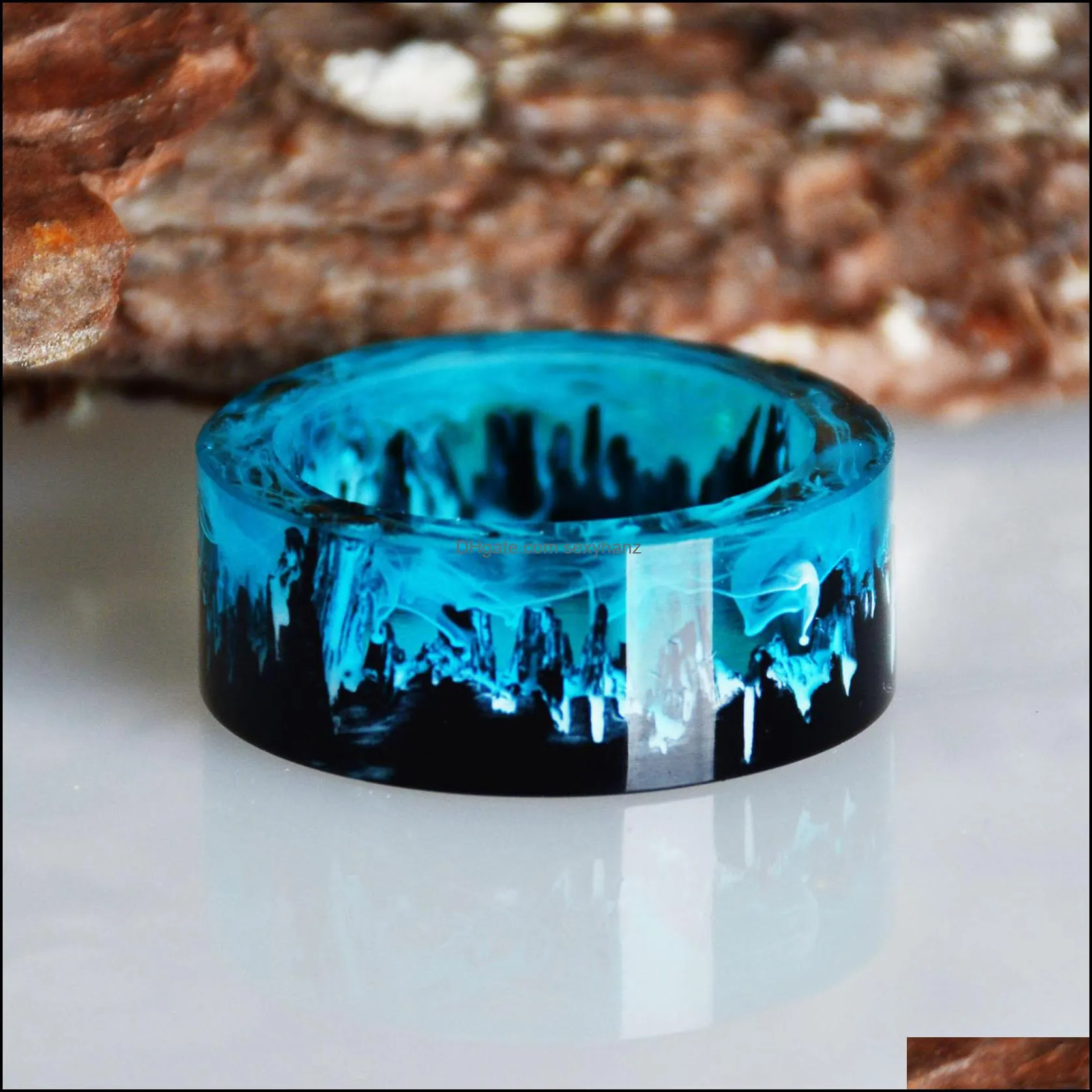 Blue Resin Rings for Women Men Wood Resin Landscape Ring Male Natural Scenery Epoxy Resin Rings Female Finger Punk Jewelry
