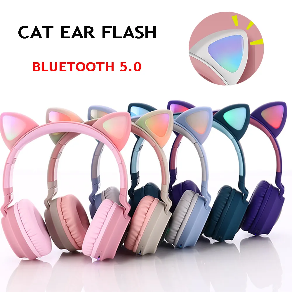 Niedliche Katzenohren-Kopfhörer, kabellos, Bluetooth 5.0, Stirnband, Spiel, buntes LED-Licht, Headset, Beauty, HiFi-Stereo-Musik-Kopfhörer, Grils, Kinder-Geschenk