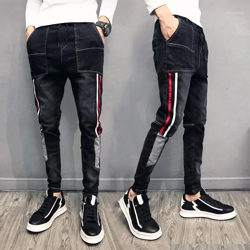 Jeans pour hommes mode salut-rue hommes Hip Hop Slim Fit Vintage cordon pantalon taille élastique Patchwork Joggers coréen pour homme