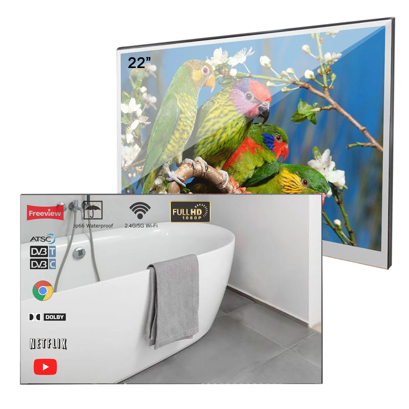 Soulaca 22 inches Smart Mirror LED Television for Bathroom Shower TV Hotel Android WiFi Waterproof IP66 SPA Hotel