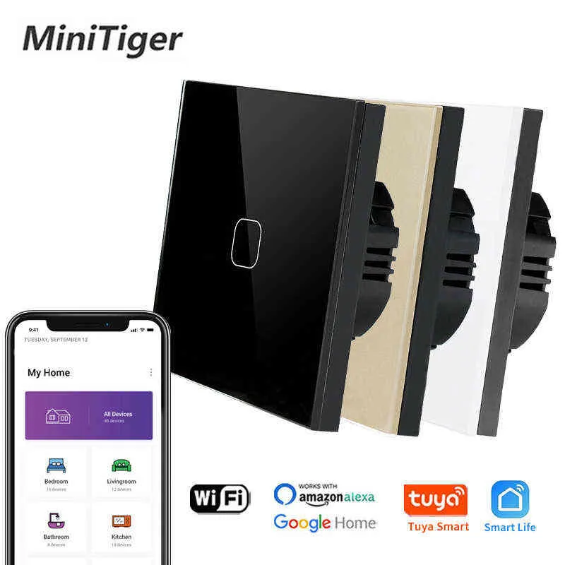 5pc Minitiger 4 colores Panel de vidrio de cristal Eu/Reino Unido Estándar 1/2/3 Gang Wifi Touch Switch Tuya Control de control Interruptor de pared inalámbrico W220314