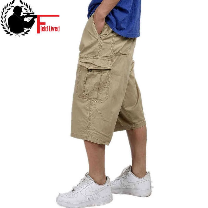 style militaire été hommes baggy cargo coton genou longueur pantalon pantalon décontracté mâle grand lâche grande taille kaki xxl 3xl 4xl 5xl 6xl G0104