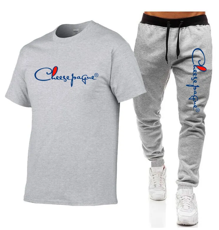 2022 Sommar Fashion Leisure CottonT-tröja + Byxor Mäns Set Tracksuit Sportkläder Track Passar Male Sweatsit Kortärmad T-shirt