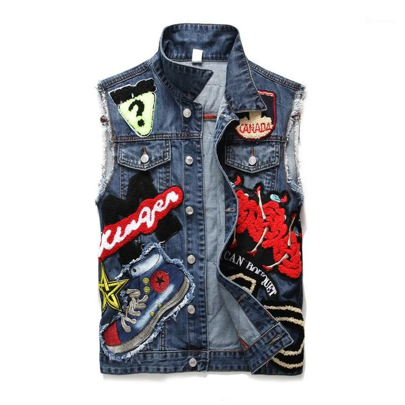 Gilet di jeans da uomo ricamo patchwork jeans slim gilet gilet da motociclista homme giacca senza maniche cappotto 2018 vestiti da uomo drop shipping1