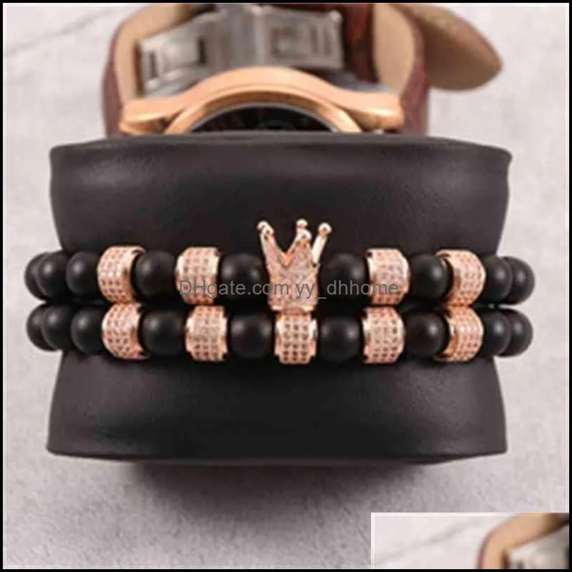 Luxury Men`s Royal Hand Jewelry 2Pcs/Set Elastic 8mm Natural Matte Black Stone 18K Gold Micro CZ Beads Crown Bracelet Set