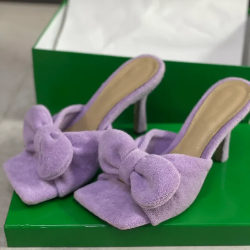 2022 kobiety wysokie sandały moda lato powieść joker ręcznik tkanina łuk 9cm sandały na obcasie Top Designer panie fajne slajdy sandały pantofel buty rozmiar pudełka 35-42