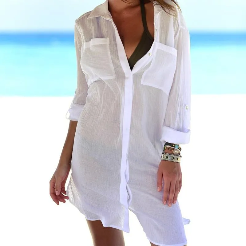 KLV Womens Beach Shirt Costume da bagno sottile Bikini Cover Up Robe Tunica Camicia con scollo a V Summer Solid Boyfriend Style Bianco Verde Nero1