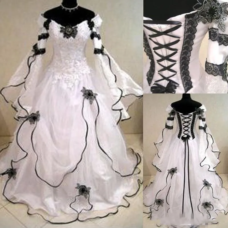 2022 Vintage Plus Rozmiar A Linia Suknie Ślubne Suknia Fantazyjne Długie Bell Rękawy Top Czarny Koronki Gorset Powrót Retro Gothic Suknie Ślubna Suknia Ślubna