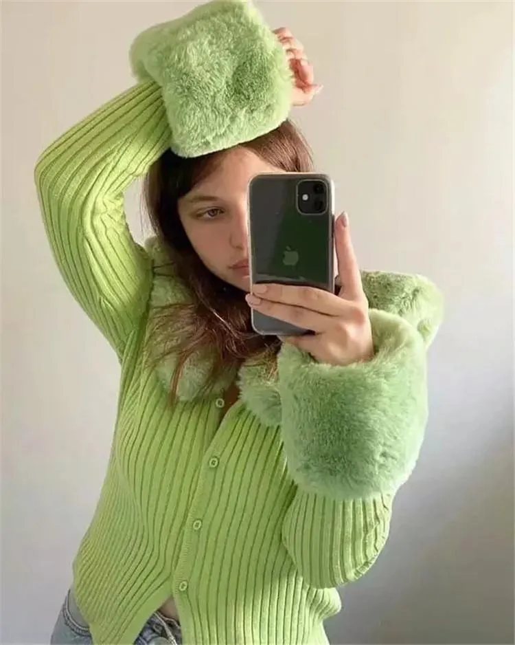 Spring/Summer Womens Faux Fur Knit Cropped Collared Sweater
