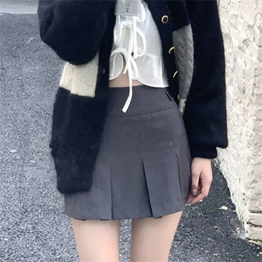HOUZHOU Vintage Gris Jupe Plissée Femmes Kawaii Taille Haute Mini Jupes Coréen Mode Uniforme Scolaire Harajuku Streetwear Automne 220224