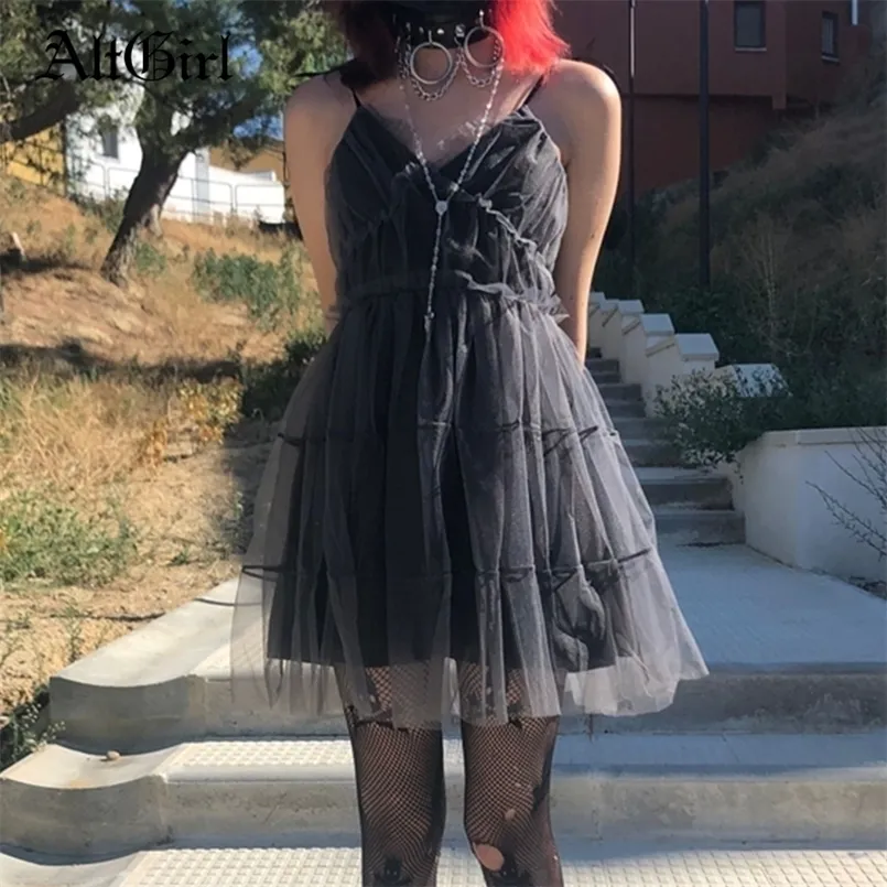 Altgirl Dark Gothic Mesh Dres Fairy Grungeヴィンテージパンクストラップレスハイウエストドレス原宿モールゴーテエモALT Partywear 220311