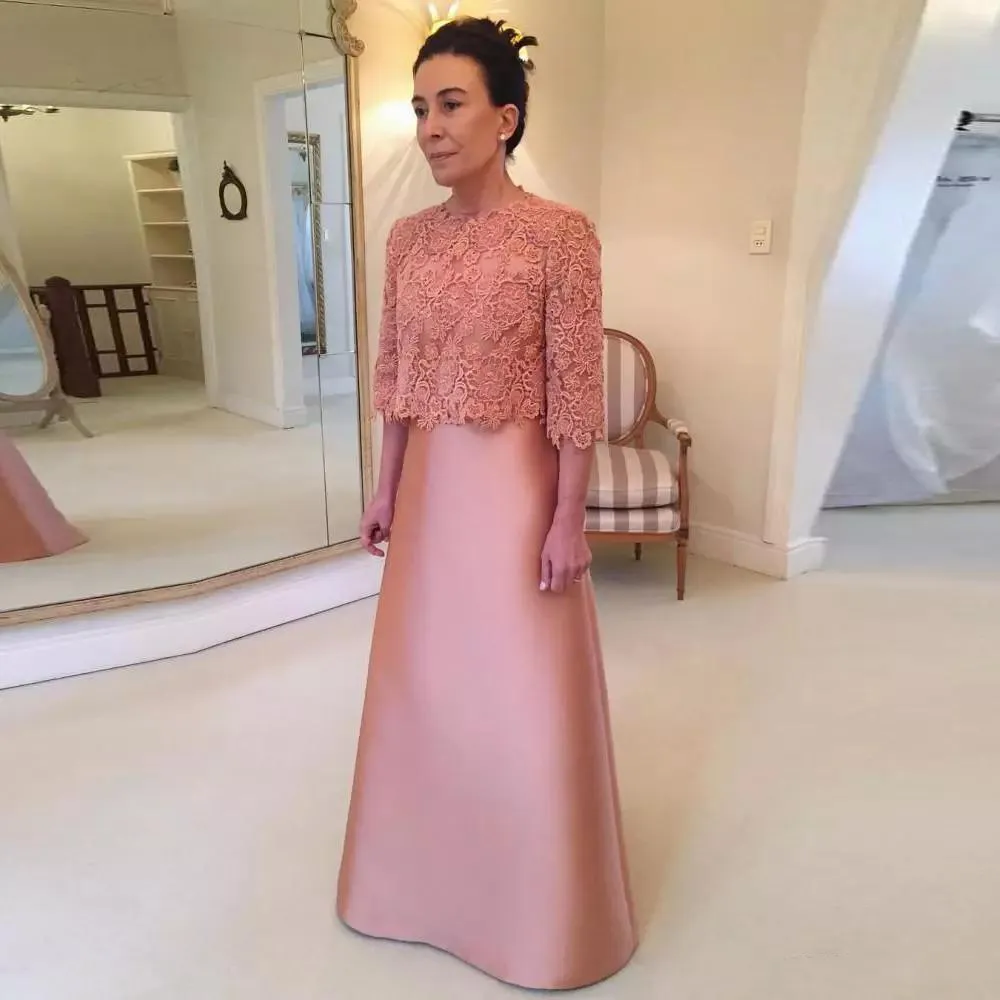 Long Pink Mother of the Bride Dress with Lace Coat Three Quarter Sleeve Bow Floor Length Formal Party Gowns Custom Size
