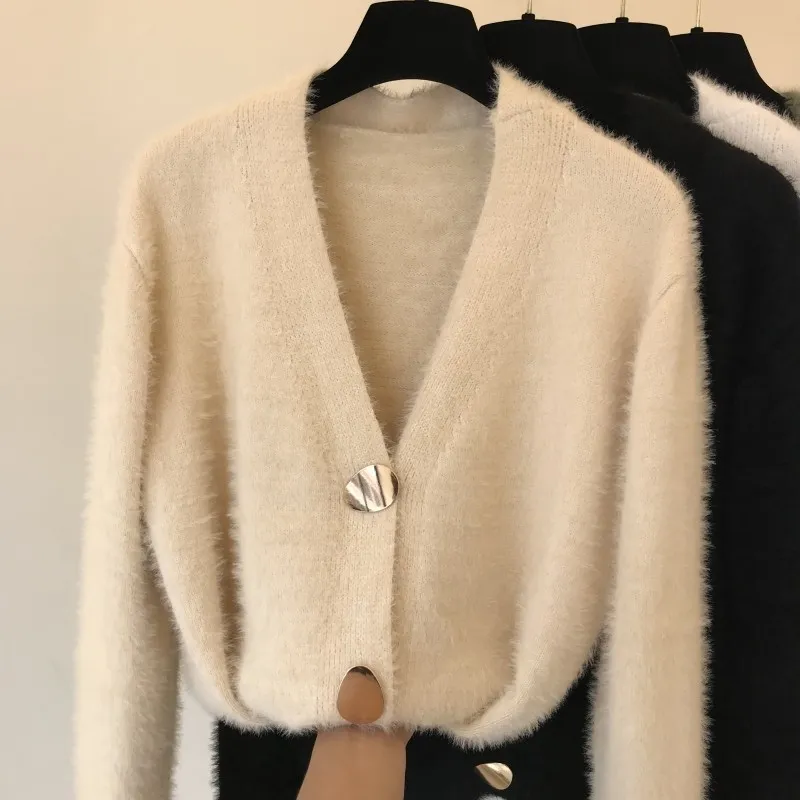 Höst Vinter V-hals Stickad Cardigan Imitation Cashmere Sweater Coat Hand Sticka Mohair Jacket Long Faux Mane Fur Tops 201030