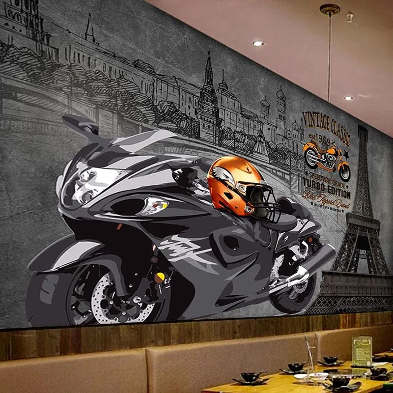 Papel pintado mural personalizado 3D Motocicleta Cemento Pared Retro Fresco Restaurant Cafe KTV Bar Fondo Papeles de pared Papel de Parede 3 D