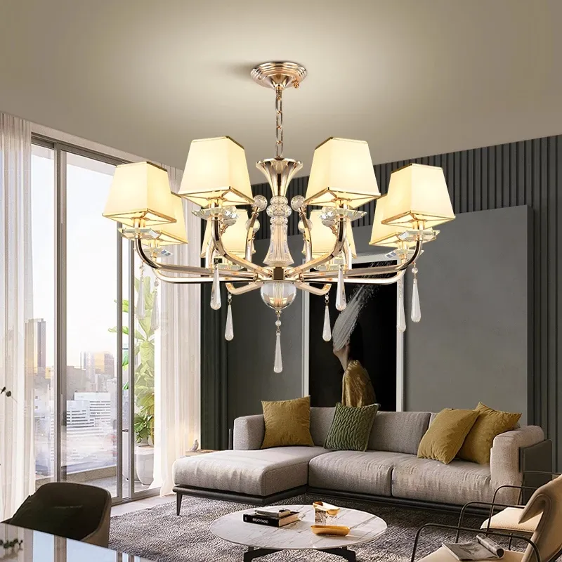 LED tak ljuskrona belysning modern guldlampa lyxkristall för vardagsrum sovrum 220v tyg lampskärm hängande lampa