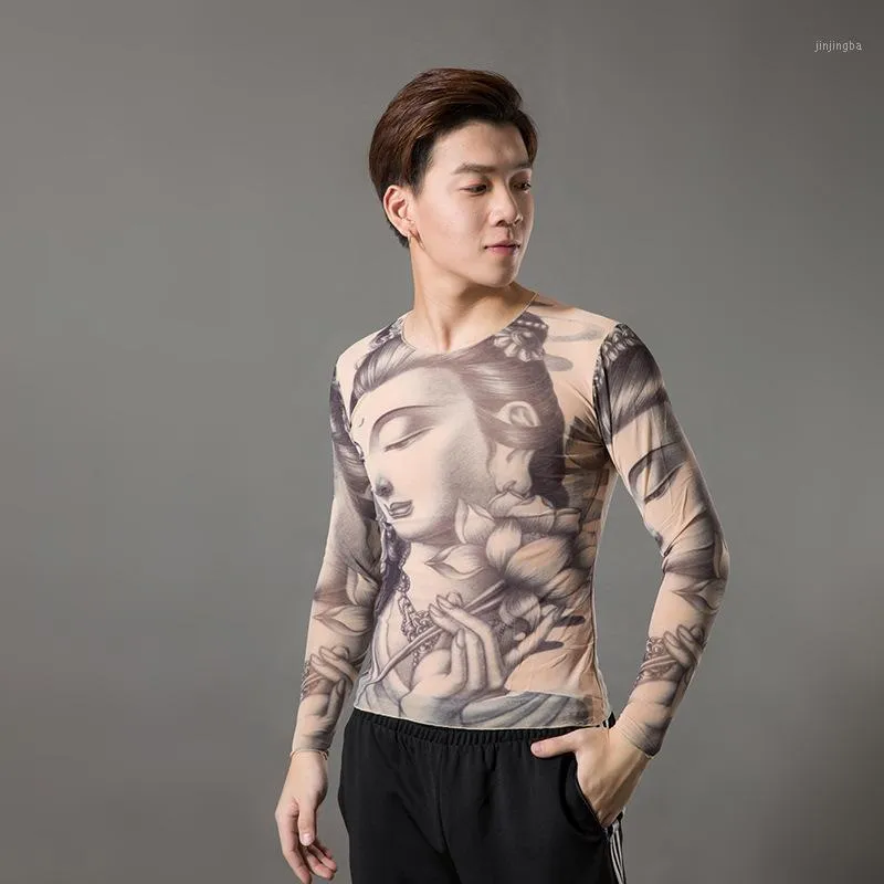 2020 мода мужская подделка татуировки футболки с длинным рукавом модальный модальный тонкий по всему напечатке о-образных шейх рубашки татуировки Хэллоуин одежда1