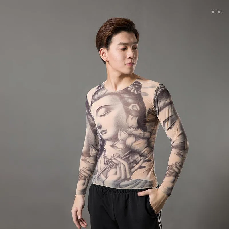 2023Fashion Men's Fake Tattoo T-shirts Long Sleeve Elastic Modal Thin All Over Print O-Neck Tattoo Shirts Halloween Clothing1