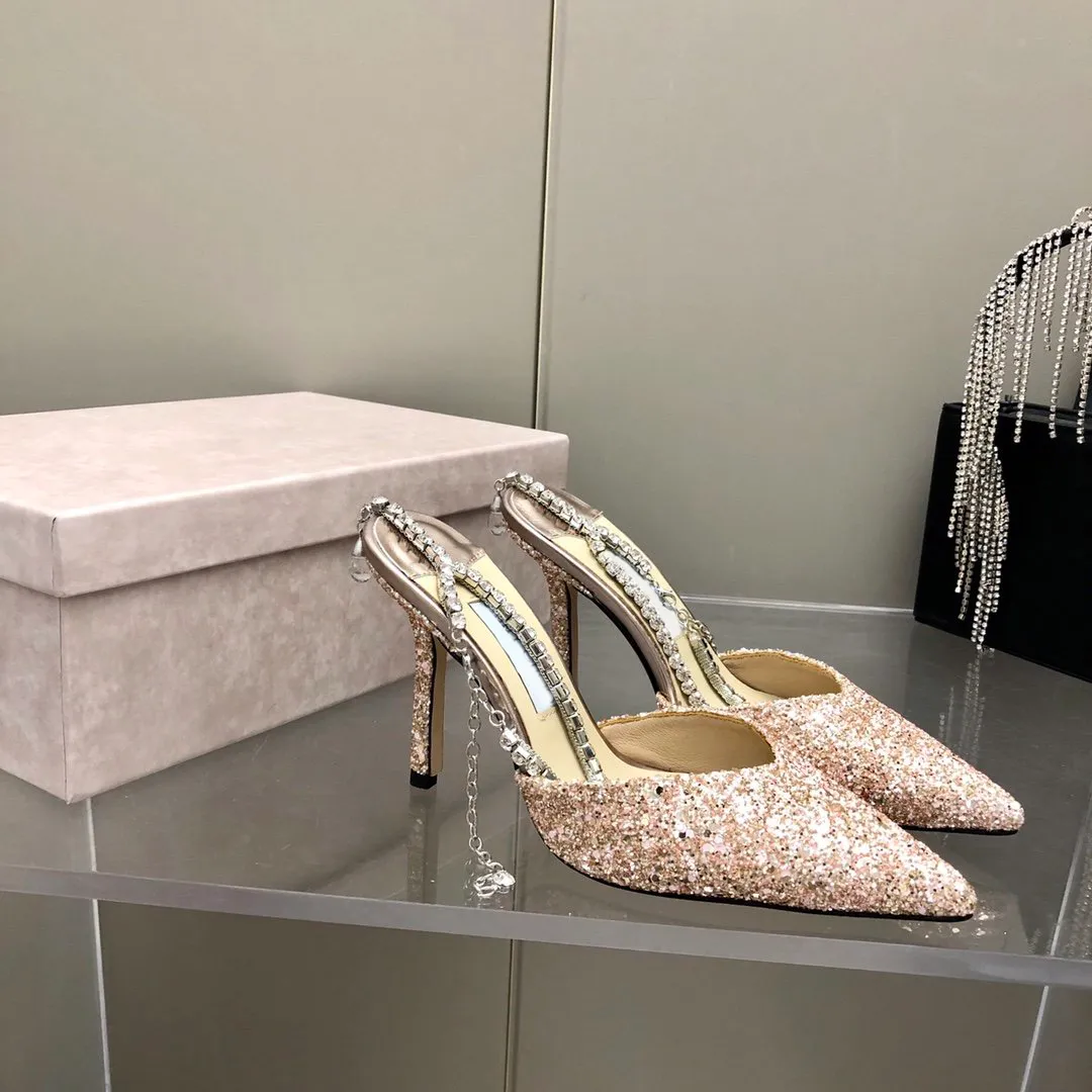 2022 Senaste Style Luxury Women Shoe High Heel Pointed Crystal Chain Sandals Mode Andas Bekväm Sko Kvinna Storlek 35-39