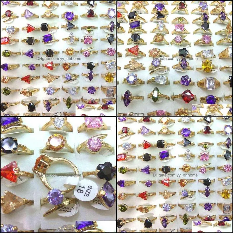 50pcs Gold Tone Real Zircon Rings Heart, triangle, square, flower, waterdrop Shapes Valentine`s Day Gift 220115