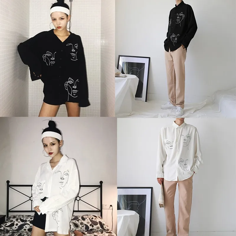 Autumn Street Wear Women Cotton White Blouses Line Face Print Retro Shirts Casual Long Sleeve Black Blouse