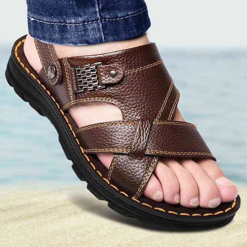 Sandalias Verano Nuevo Resbalón plano en cuero Hombres Moda Zapatillas antideslizantes para hombre al aire libre Cómodo Sandy Beach 220302