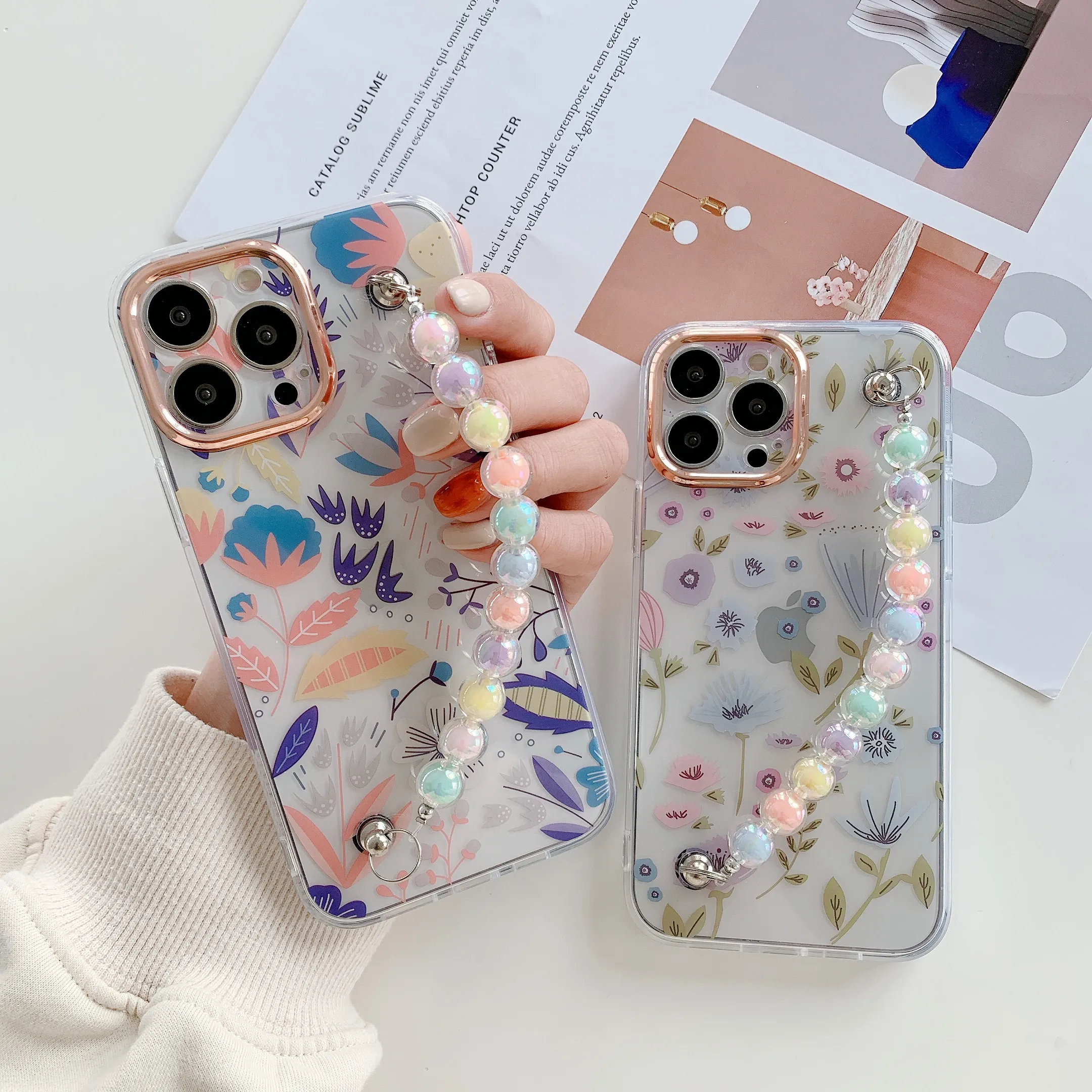 Polsband ultra dunne IMD Soft TPU Clear Floral Phone Cases voor iPhone 13 12 11 Pro Max XR XS X 8 7 Plus Electroplating Case